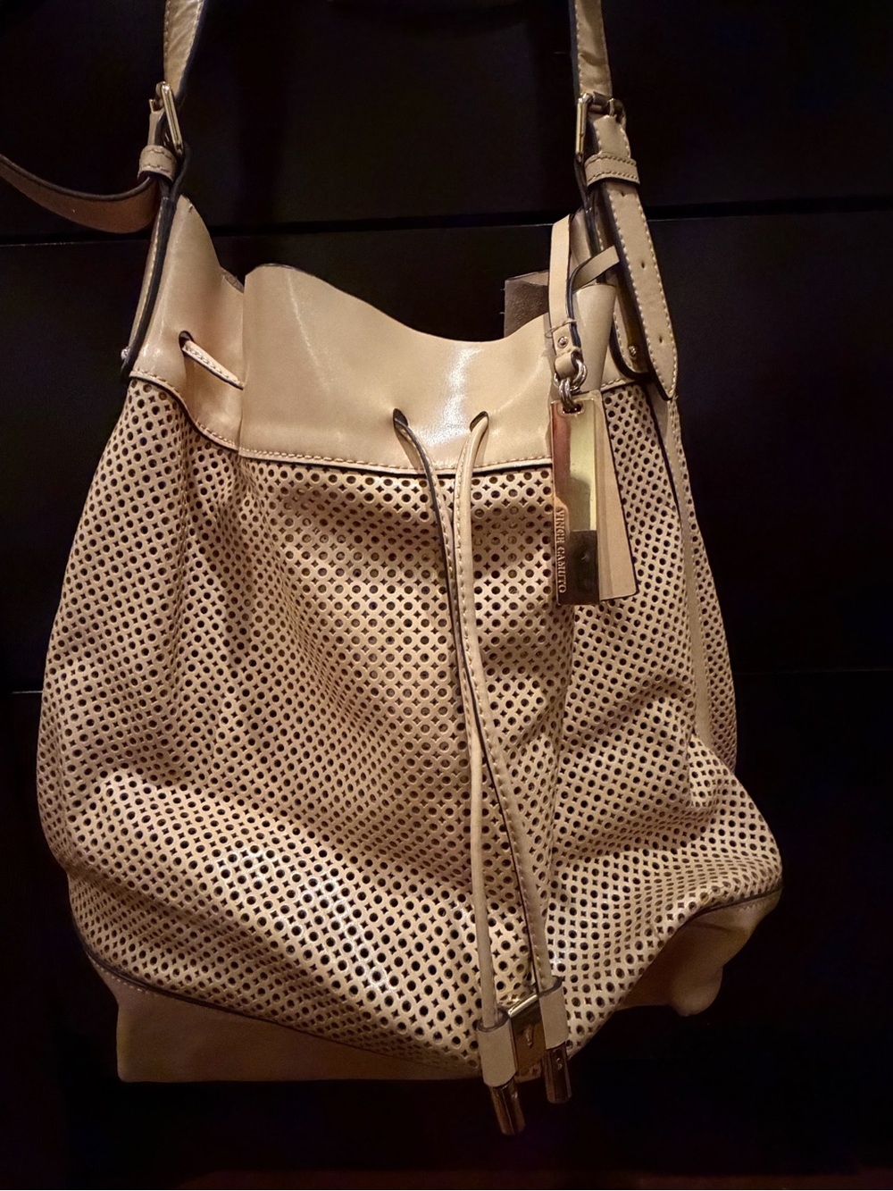 Vince Camuto Perforated Cream Drawstring Hobo Bag